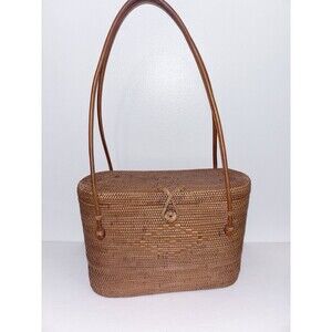 Hand Woven Rattan Bag Leather Handles Bali Natural